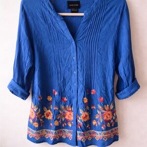 LIV Los Angeles Blue Embroidered Boho Blouse Pintuck Top L